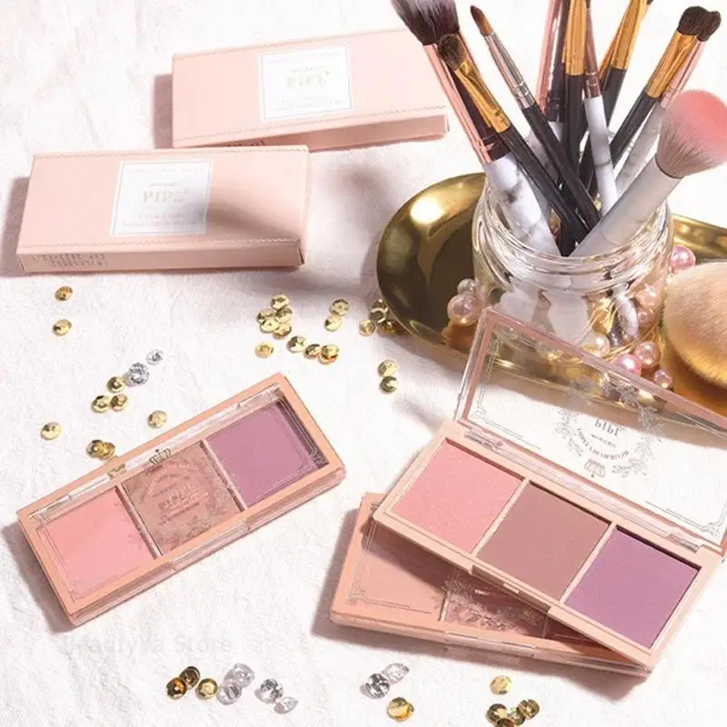 Paleta de rubor de melocotón de 3 colores, polvo mate, tinte para mejillas, colorete facial, maquillaje de sombra de contorno de color naranja de larga duración multifuncional