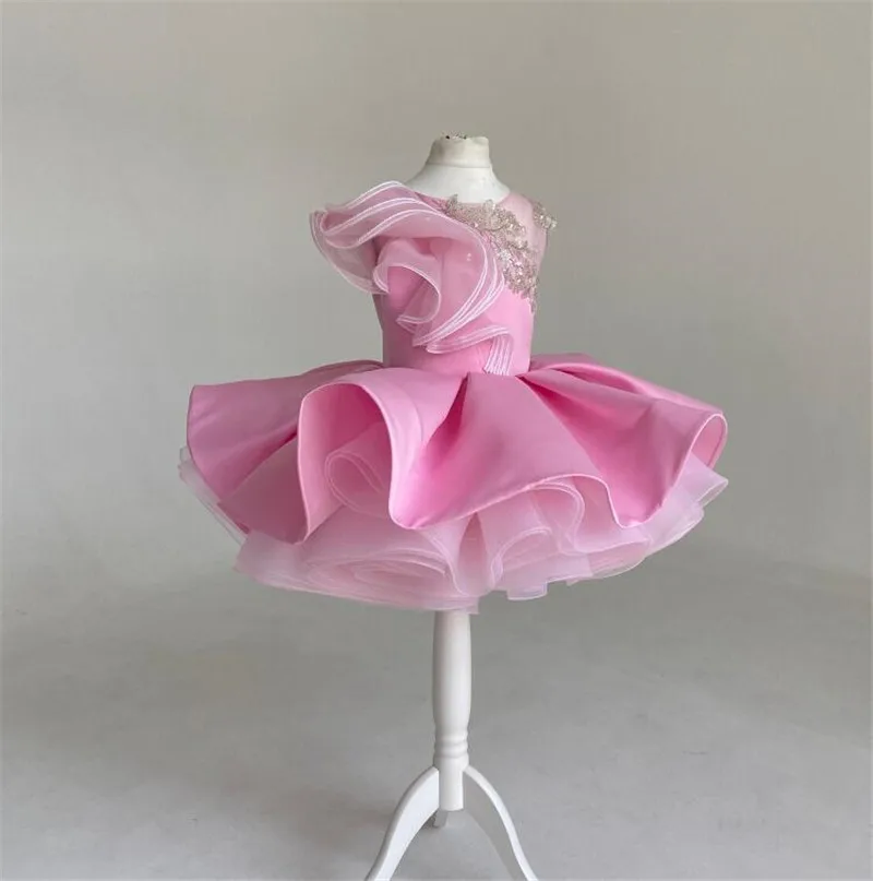 Vestido personalizado da menina da flor para o casamento, o pescoço, comprimento do joelho, sem mangas, roupa do miúdo, vestido de festa de aniversário, rosa, novo