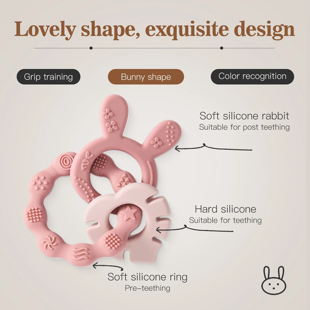 Silicone Baby Teether Cartoon BPA Free Teething Toys Baby Sensory Teether Baby Care Cartoon Bunny Teether Rattle Toys for Babies