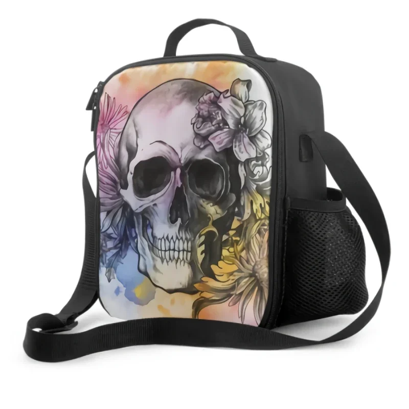 Watercolor Human Skull Head Insulated Lunch Box Skull With Flower Portable Cooler Bag Reusable Food Container for Travel Picnic