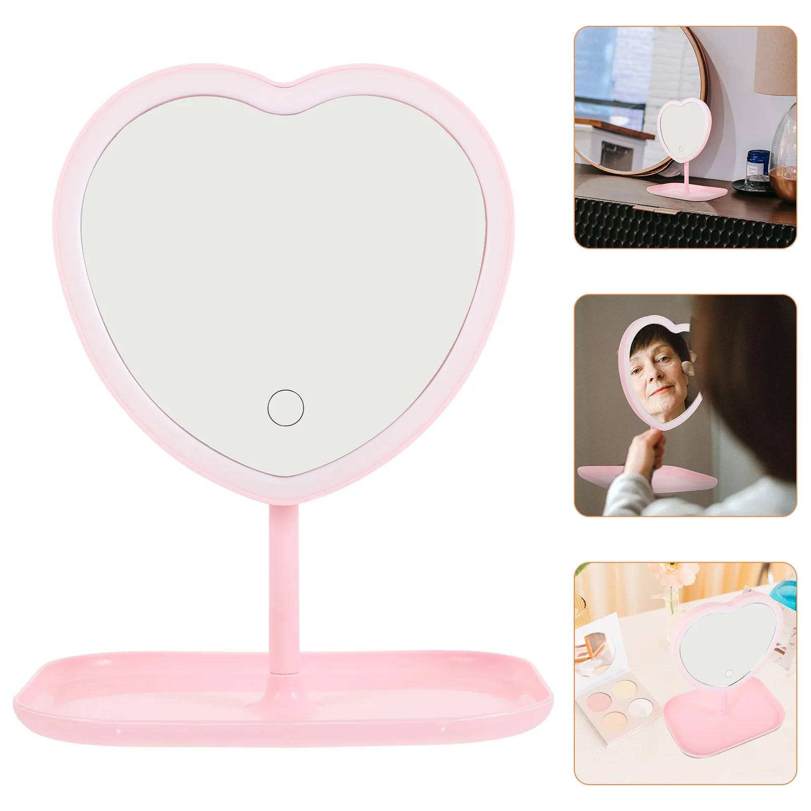 Desktop Love Mirror Beauty Makeup USB Rechargeable LED Light (love Pink) Heart Movable for Fashion Plastic Abs with Base