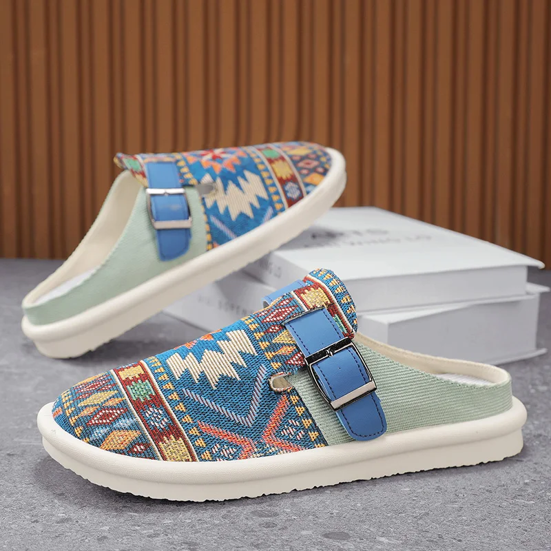 

Мужские летние тапочки из канваса, новые, для улицы, нескользящие, с мягкой подошвой, модные, повседневные, для вечеринок, сандалии, полутапочки