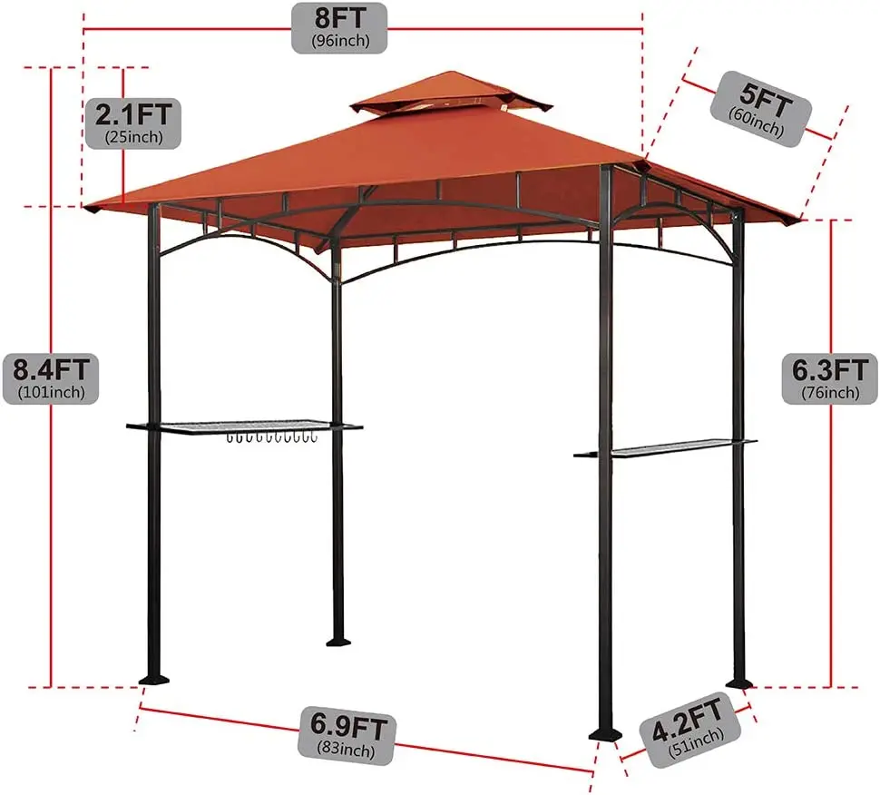 5x8 Grill Gazebo Shelter for Patio and Outdoor Backyard BBQ's, Double Tier Soft Top Canopy and Steel Frame with Bar Counters, Bo