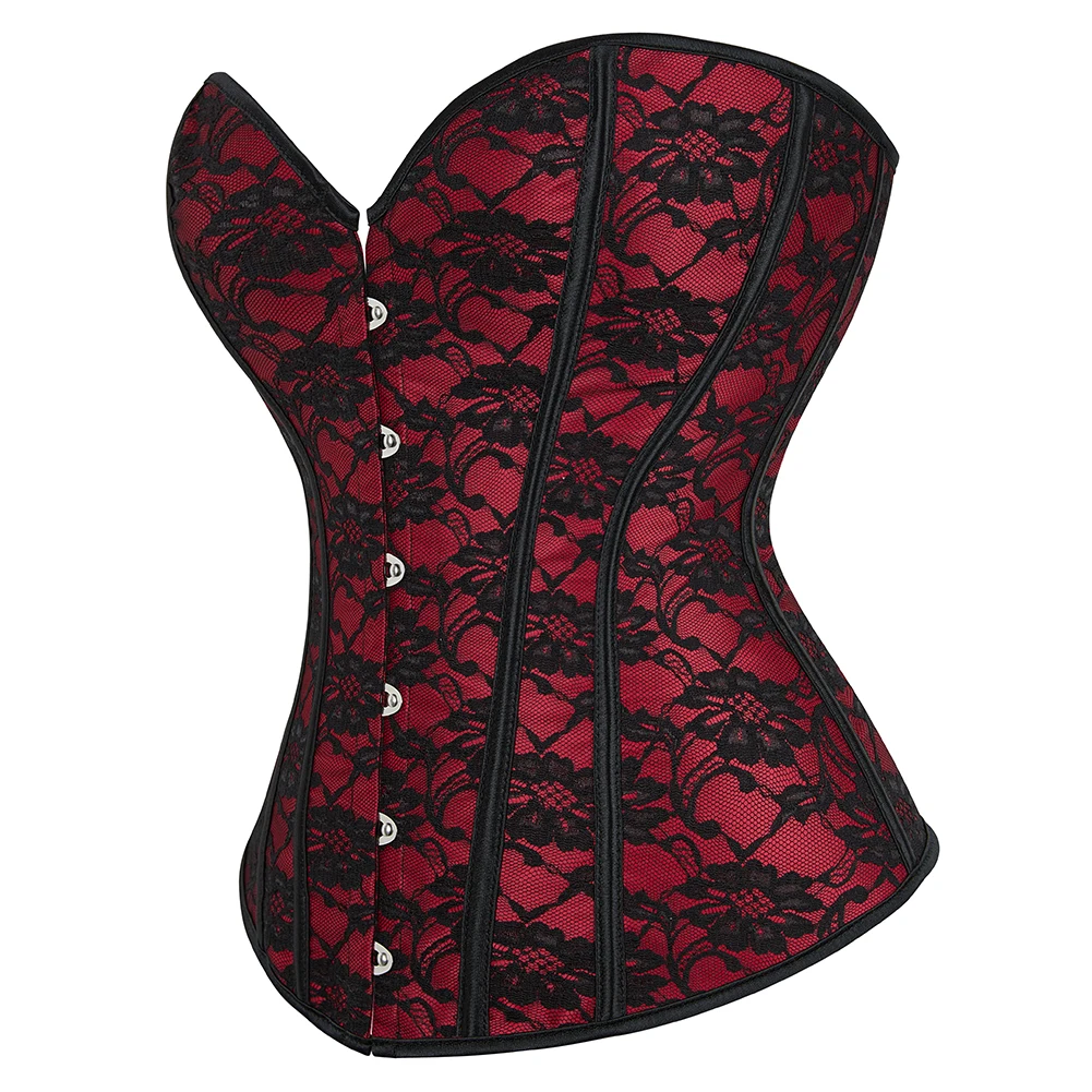 Red Overbust Corset Women Korset Shaper Floral Lace Waist Bustier Top