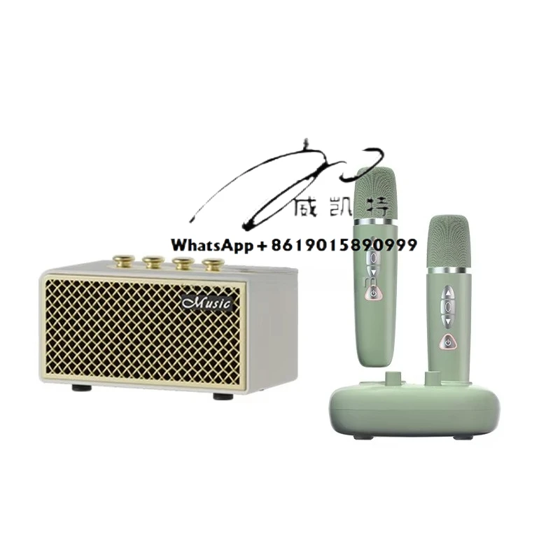

Retro Rechargeable Karaoke Machine with Two Wireless Microphones Portable Bluetooth Speaker for Adults and Kids Home Party