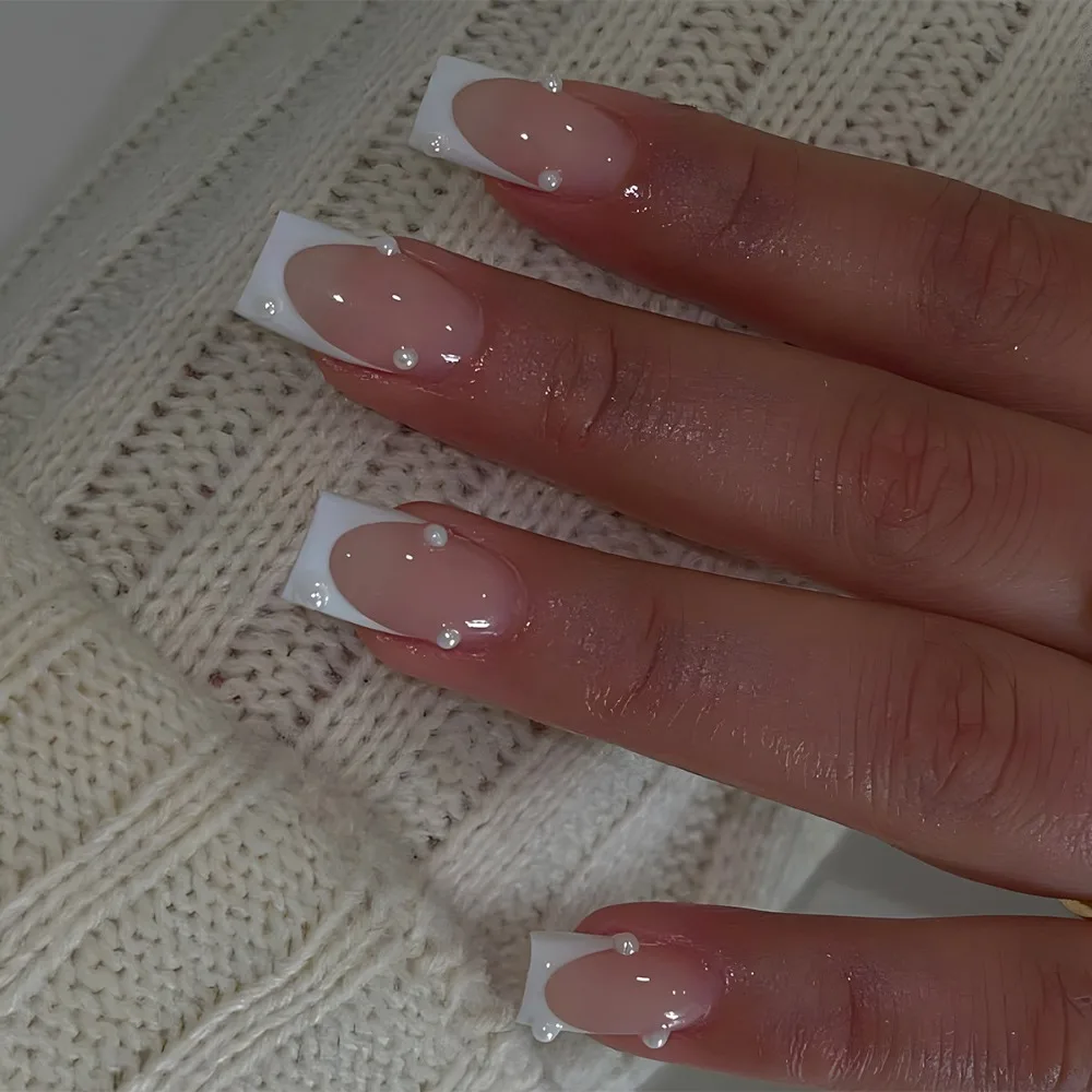 Unhas falsas francesas para meninas, cabeça quadrada, impermeável, cobertura completa, manicure wearable, pontas das unhas, pressione nas unhas