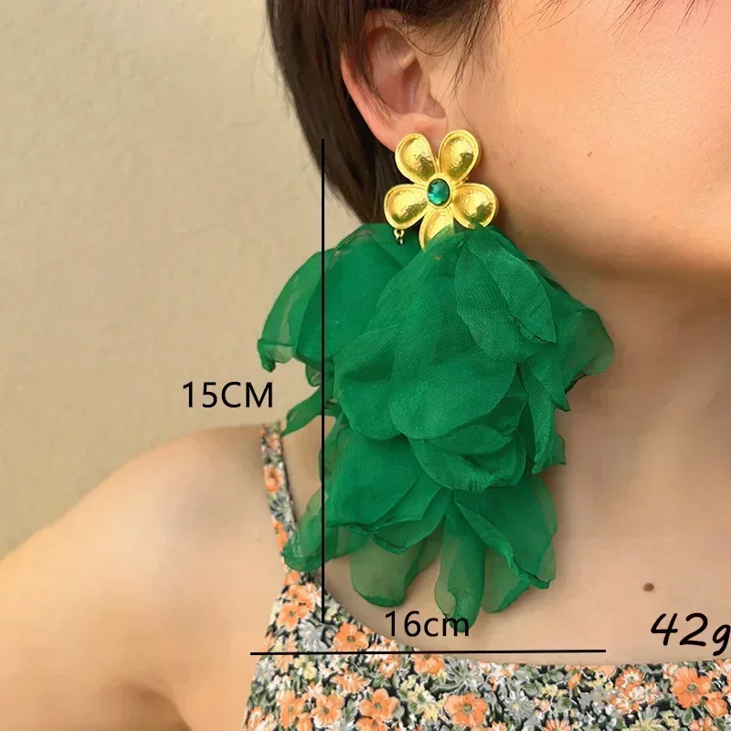 Handmade Silk Fabric Petal Flower Tassel Big Long Earrings For Bohemian Women Statement Jewelry Holiday Beach Dangle Pendientes
