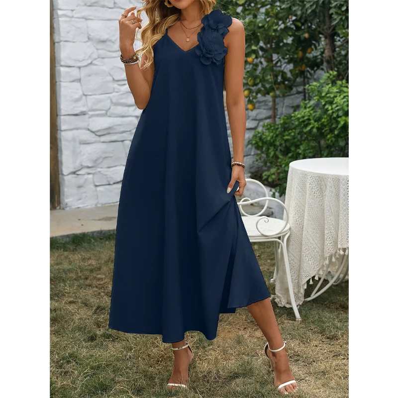 

Женские платья макси больших размеров, сексуальное повседневное длинное платье без рукавов с v-образным вырезом на тонких бретельках, летний сарафан с объемным цветочным принтом