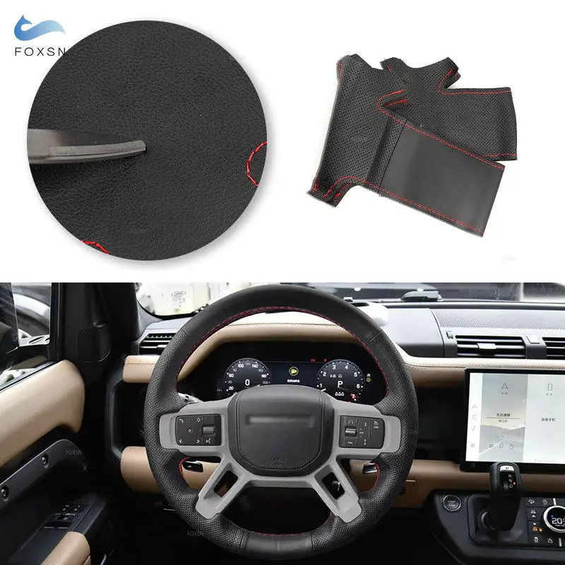 Car Steering Wheel Cover For Land Rover Defender 90 110 130 2020-2024 Microfiber Perforated Leather with Threads Needles