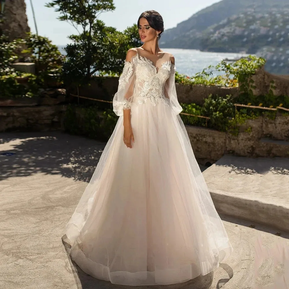 

Элегантное 3D кружевное свадебное платье с цветочным принтом, пышное свадебное платье трапециевидной формы с длинными рукавами, женское платье невесты