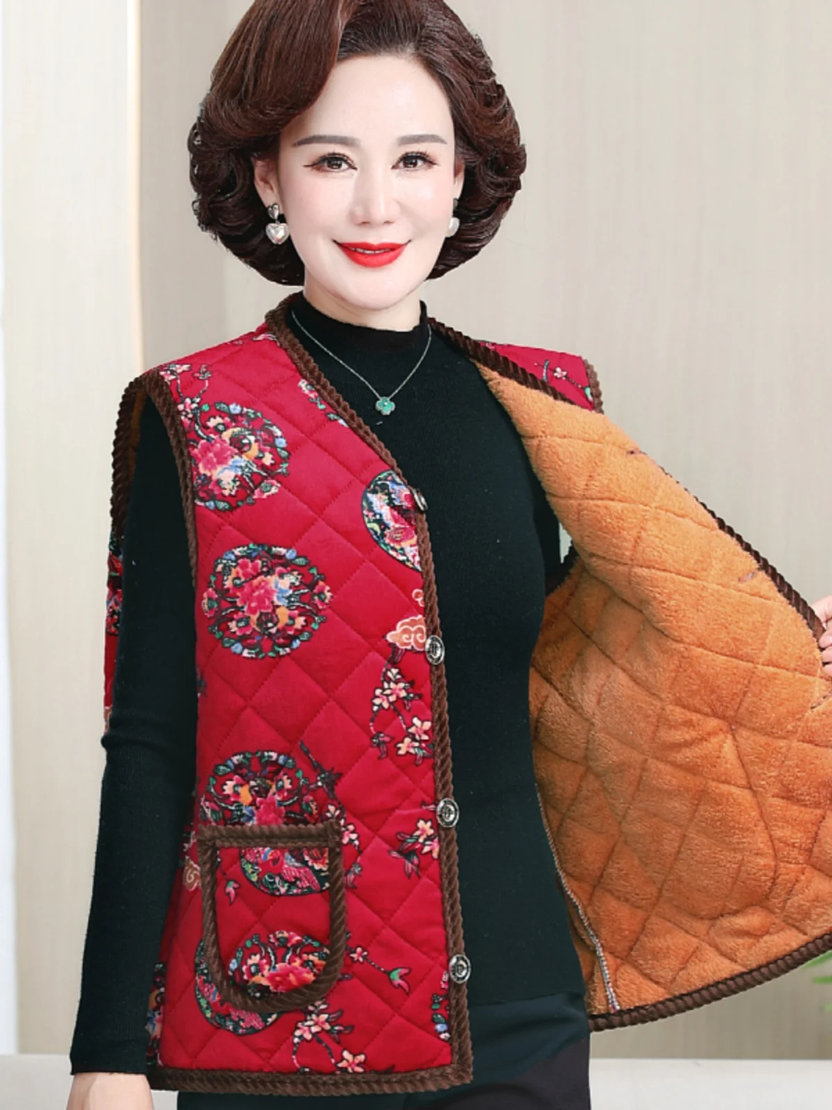 Chaleco de algodón con forro de Fce y estampado Floral para mujeres de mediana edad y ly, ropa de viaje cálida y con botones para madres y vueltas