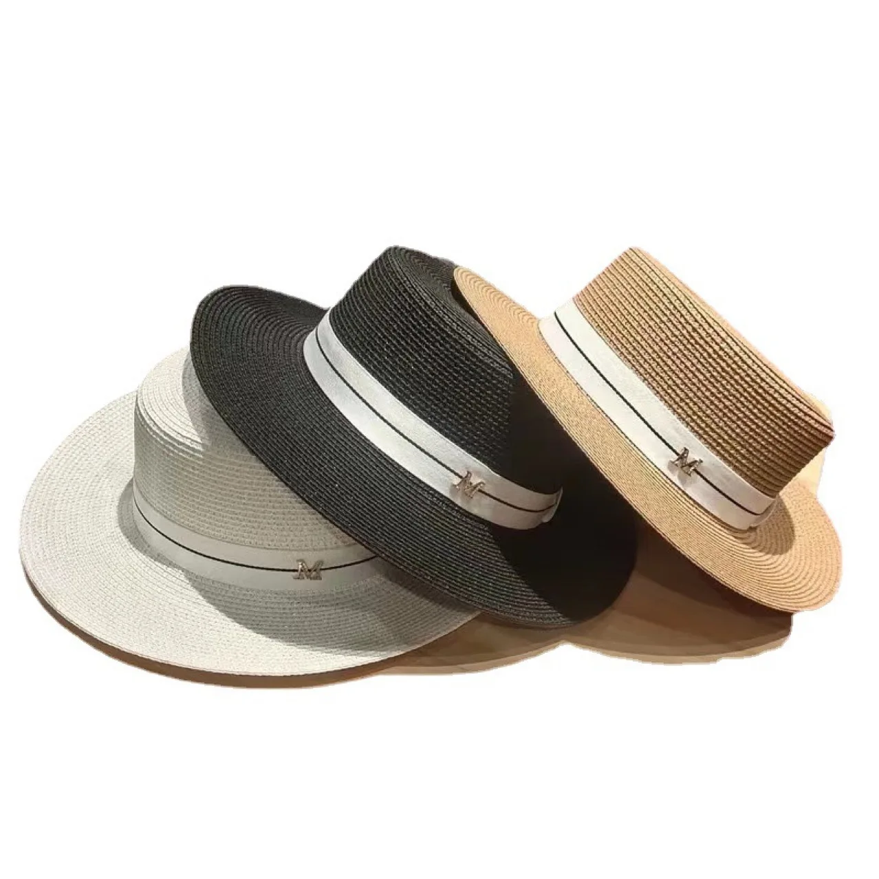 

New Fashion Women Flat Top Sun Hat Female Summer M Letter Straw Hat Visor Caps Ladies Sunscreen Beach Holidays Travel Boater Hat