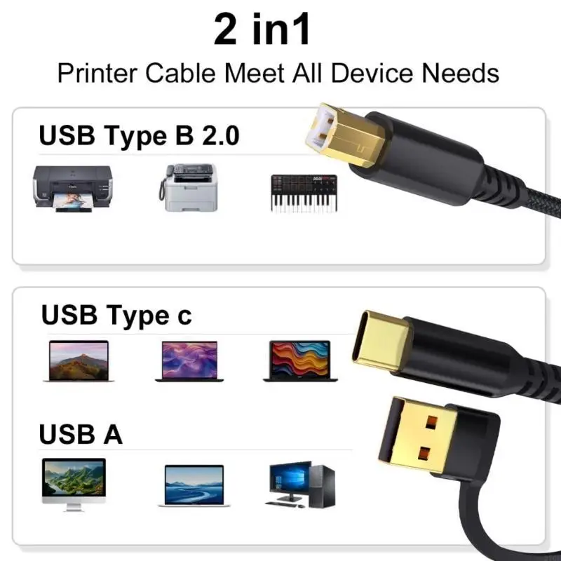 2 في 1 USB إلى USB B سلك تحكم كابل الطابعة المضفر للطابعات المكتبية وواجهات الصوت