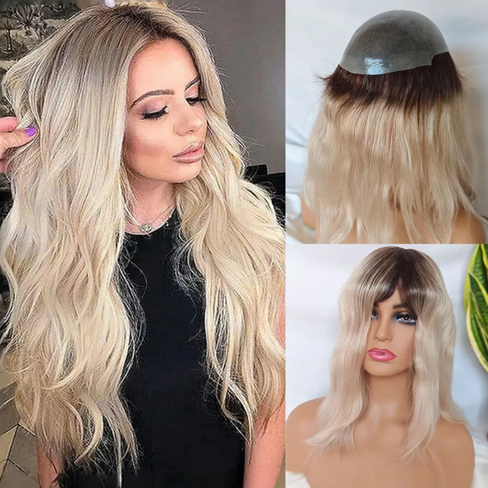 Ombre Brown Straight Human Hair Wigs 13 Inch Thin Skin PU Hairline Hair Piece Natural Look Hair System for Men And Women