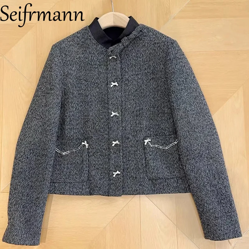 Seifrmann 2026 Summer Women's New Fashionable Stand up Collar Long Sleeve Single breasted Solid Color Coat