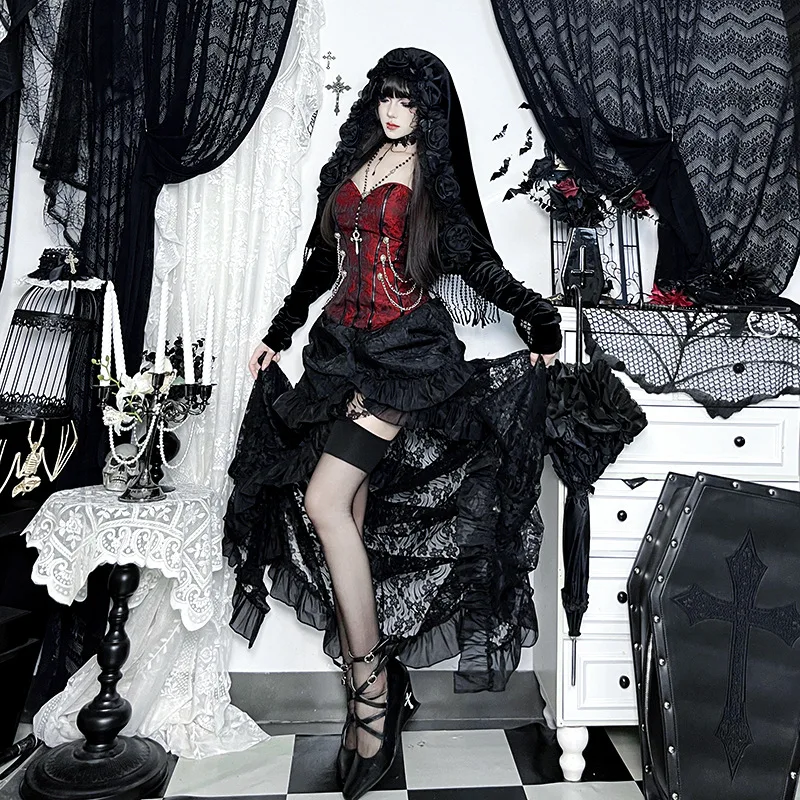 Loween Cosplay bata de terciopelo Top 2025 nuevo Vintage k Sle punzón de hombro Faionable para mujer serie gótica Slim Fit encaje...