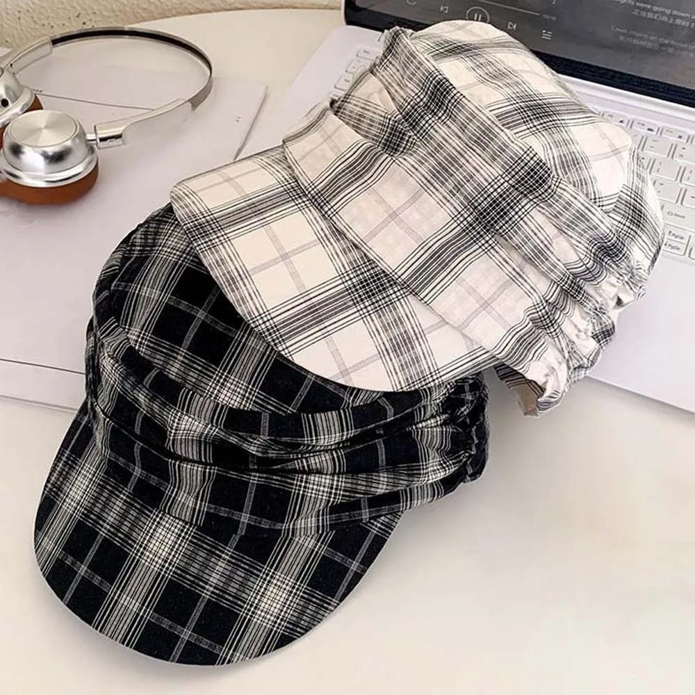 chapeu-equestre-vintage-com-estampa-xadrez-e-pregas-estilo-britanico-cor-solida-bone-com-aba-plana-versatil-para-protecao-solar