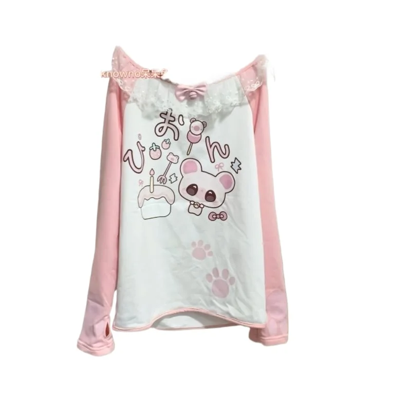 Felpa giapponese dolce e carina Kawaii vestiti da donna patchwork felpe in pizzo stampa cartoon top a maniche lunghe Y2k maglietta con spalle scoperte