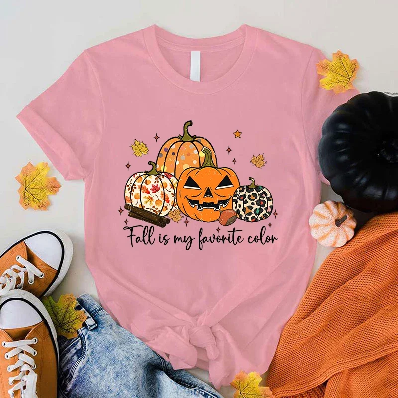 (Premium T-shirt)Funny Fall Pumpkin Is My Favorite Color Printed T-Shirts For Women Summer Short Sleeve Round Neck Cute Tops