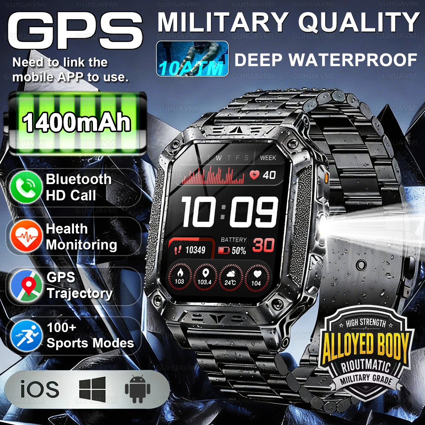 

2026Новые мужские умные часы с GPS в стиле милитари T-Rex3 Pro, аккумулятор 1400 мАч, Bluetooth-вызов, 10 атм, водонепроницаемые, для здоровья, упражнений, спортивные умные часы