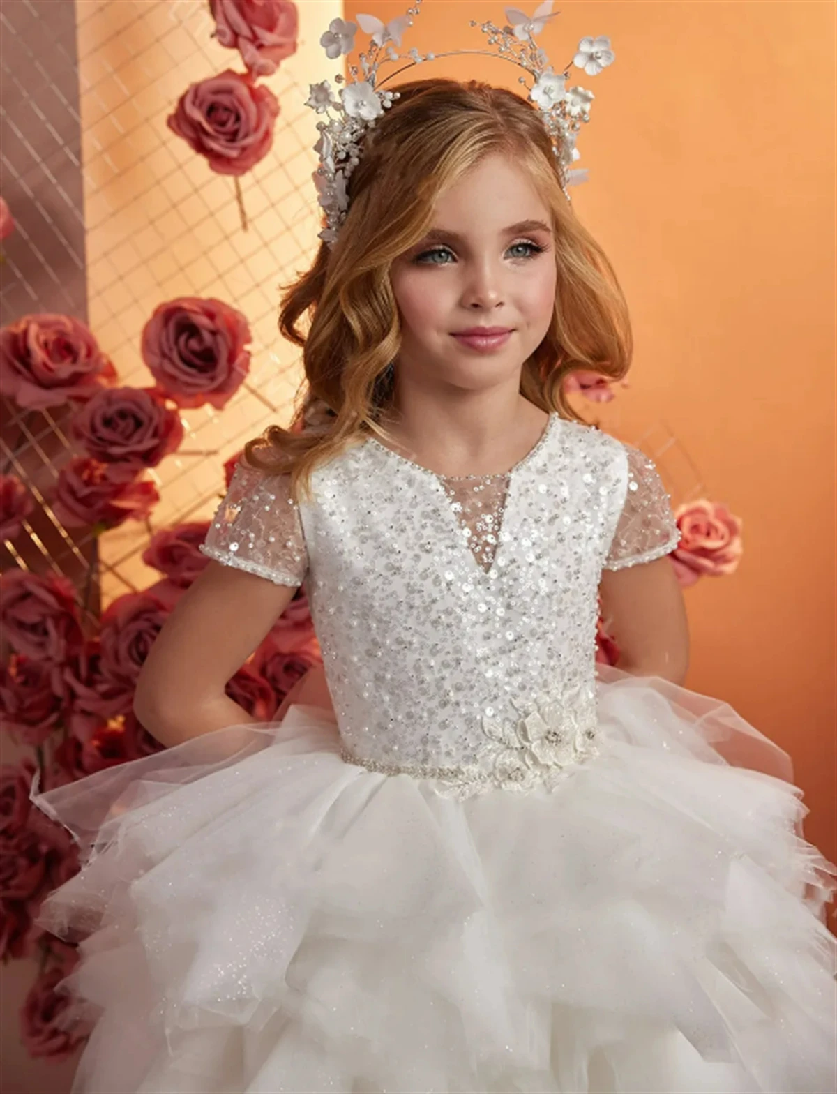 Flower Girl Dress White Fluffy Layered Tulle Sparkle Applique Wedding Flower Child's First Eucharistic Birthday Party Dress 2025