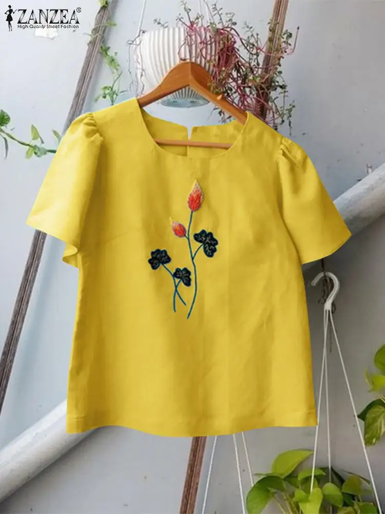 ZANZEA Women Casual Everyday Blouses Fashion Floral Embroidery Short Puff Sleeve O Neck Blusas 2024 Summer Holiday Commute Tops