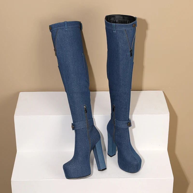 Wearing Mini Bags denim boots High Thick Heels Ultra-High Platform Ankle Buckles Boot Cuffs Belt Buckles Over The Knee Boots