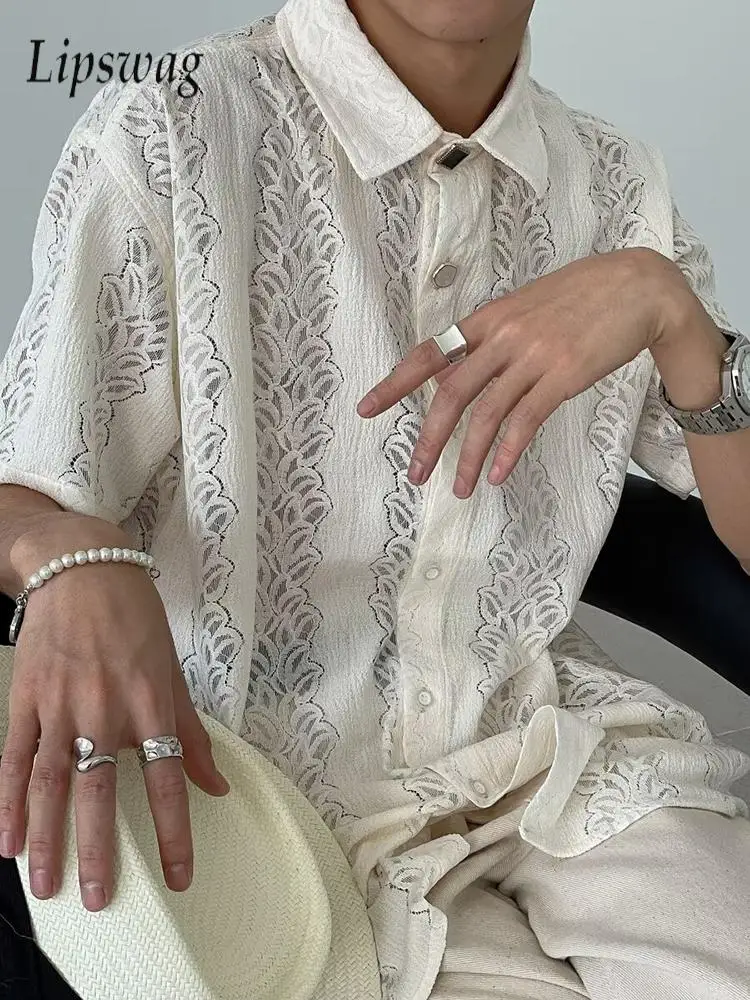 

Стильные ажурные мужские трикотажные рубашки, летняя модная рубашка с цветочной вышивкой, мужские винтажные рубашки с отложным воротником и короткими рукавами