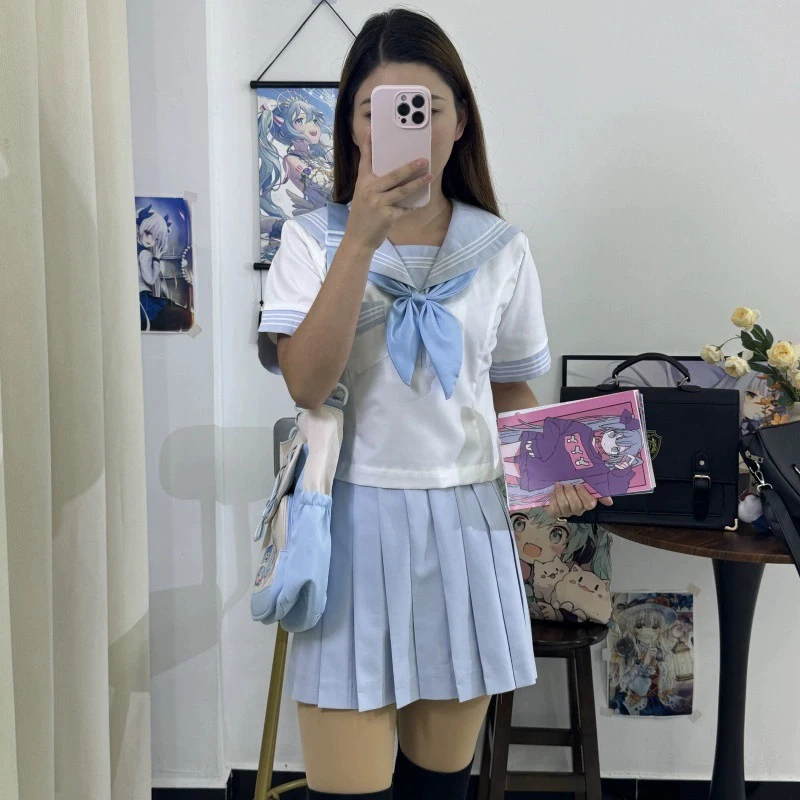 

Japanese JK Style Sky Blue Three-Stripe Sailor Suit Uniform Skirt Set Authentic School Outfit for Daily Wear Cosplay Seifuku