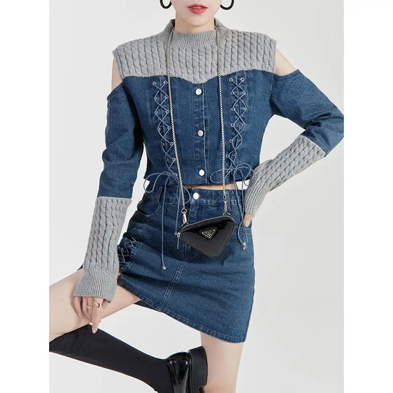 Women's New Sexy Fashionable Denim Suit Retro Knitted Spliced Off-shoulder Top Charming Stunning Short Skirt Two-piece Set