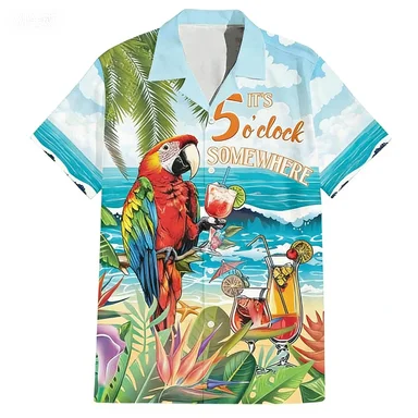 

Мужские гавайские рубашки 2026: летние, с принтом попугаев, тропические, пляжные, с коротким рукавом, повседневные, забавный дизайн, мужская одежда