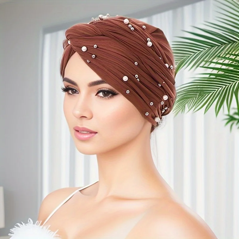 

НОВЫЙ тюрбан из искусственного жемчуга с бисером, однотонная повязка на голову, эластичный хиджаб, капот, женские химиотерапевтические шапки