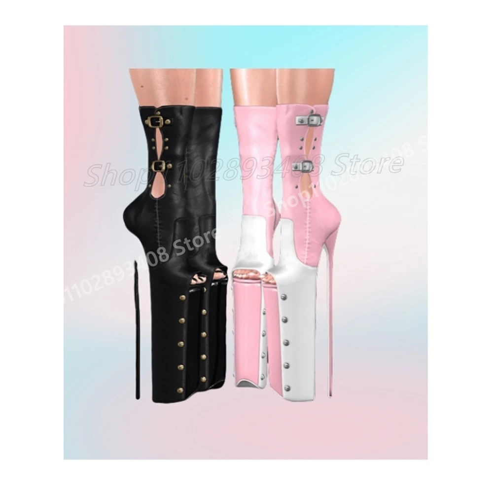 

Pink and White Round Rivets Mid Calf Boots Extreme Sexy Stiletto High Heel Peep Toe Buckle Strap Women Shoes 2025 Para Mujere