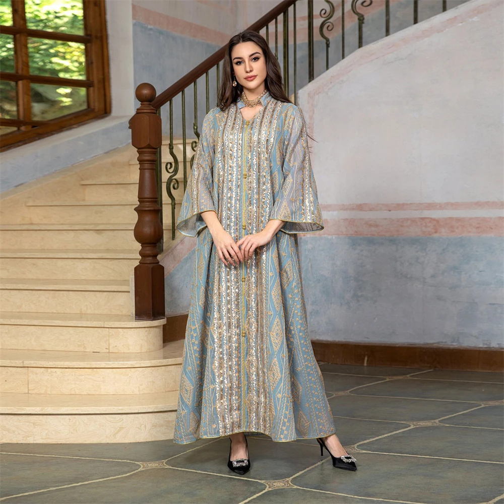 

Muslim Women Party Dress Long Sleeve Sequins Embroidery Luxury Prom Dress Morocco Dubai Loose Casual Abayas