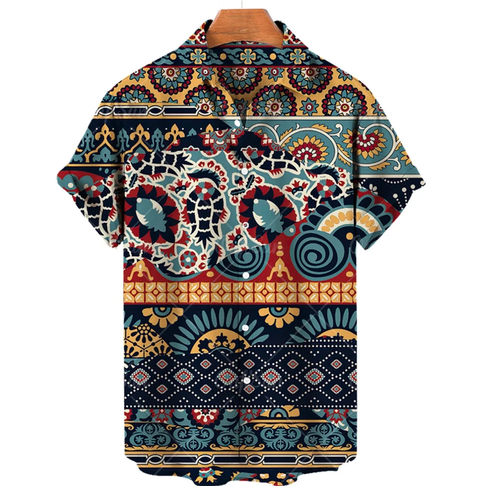 Men\'s ethnic personalized printed pattern casual short-sleeved shirt men\'s button-up top