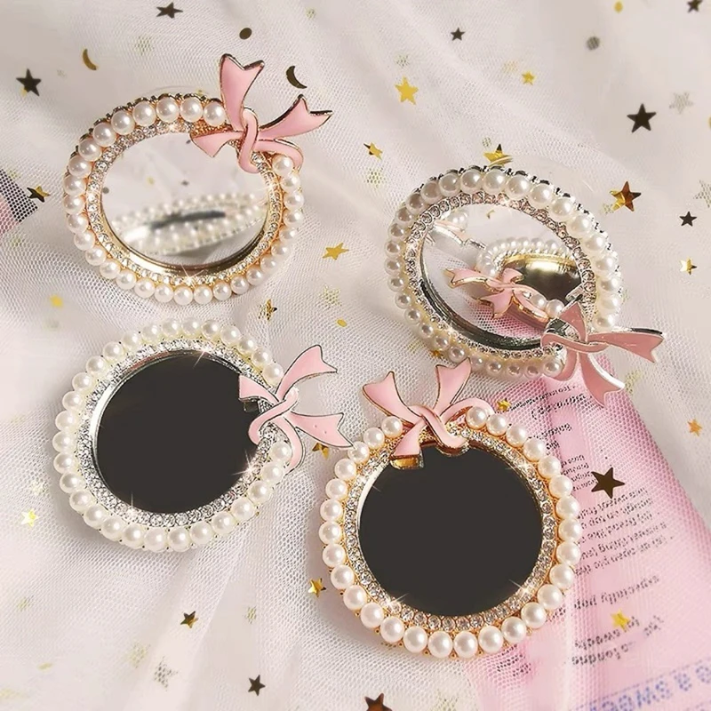 Pearl Mirror Bowknot Royal Crown Cute Phone Holder Ring For Iphone Universal Android Foldable Phone Stand For Lady Women Girl