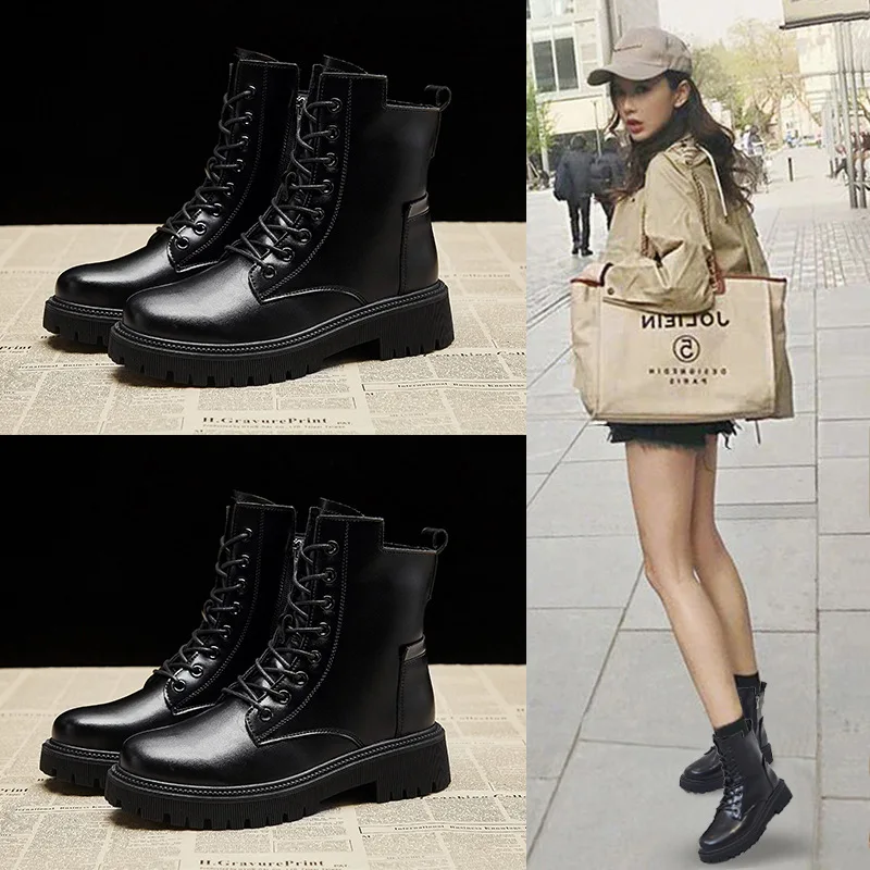 Rendy British รองเท้าบูทสู้รบขั้นสูงหนาพื้นรองเท้าหนาสำหรับผู้หญิง2023 sepatu BOOT pendek sepatu BOOT kasual รถจักรยานยนต์นักเรียน