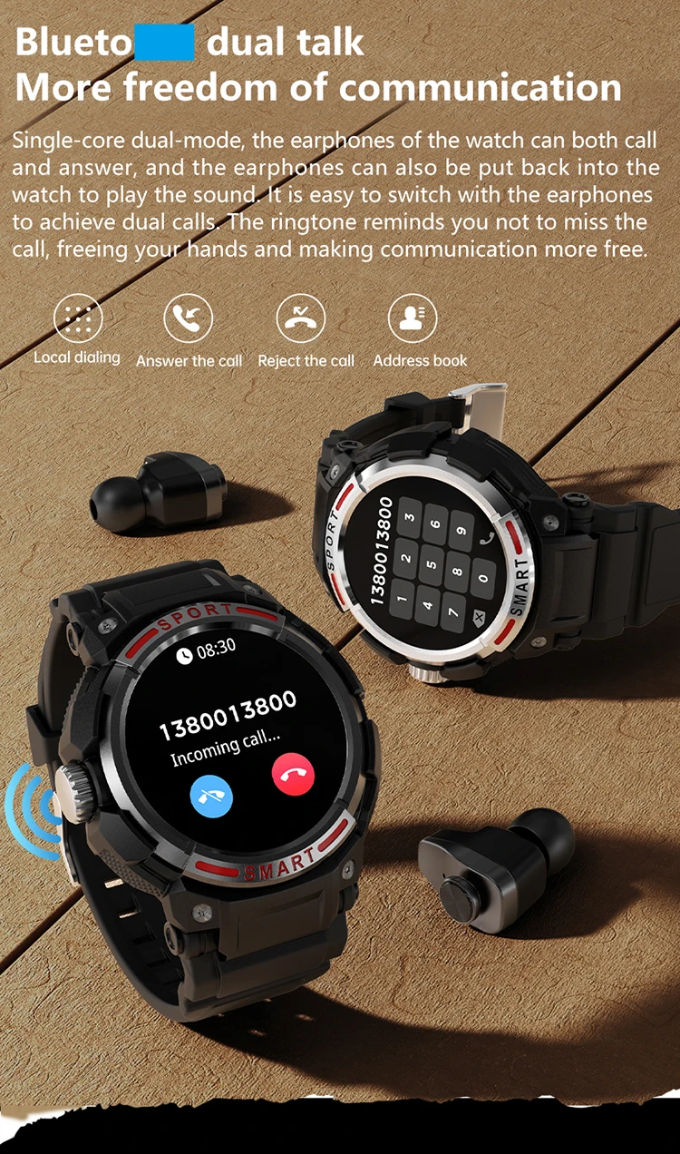 TLCRETE 2in1 GT100 PRO ساعة ذكية Tws سماعات معدل ضربات القلب IP67 مقاوم للماء الرجال الساعات اللياقة البدنية الرياضة Smartwatch مع سماعات الأذن H