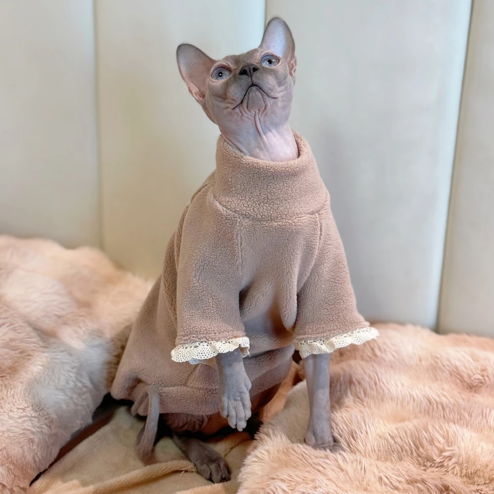 Small floral Khaki Cotton Jacket Coat Suit for Sphynx Cat in Winter thick warm Sweater for Kittens Soft Lace Coat for Female Cat