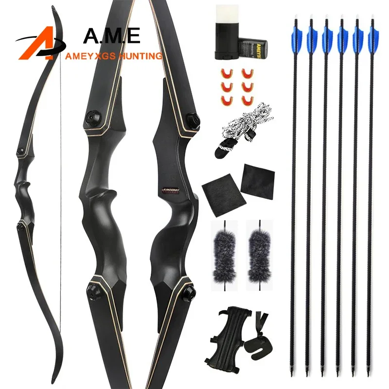 JUNXING 60inch Archery Recurve Bow 25-65lbs with 6pcs Carbon Arrows for Right Hand Archer Shooting Hunting Takedown Bow