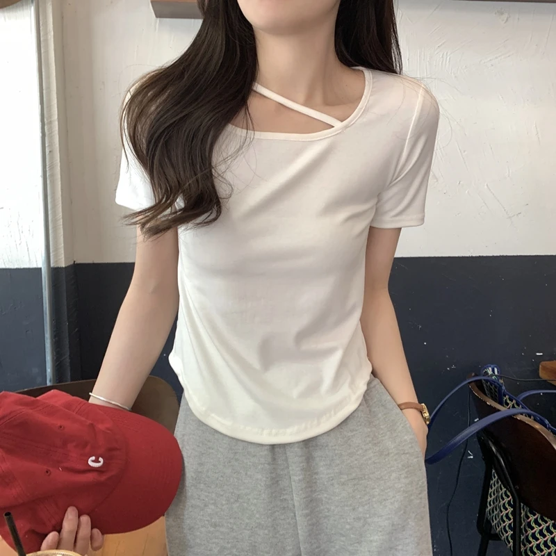 

Summer Korean style square neck pure desire hanging neck short style solid color short sleeved women's top T-shirt