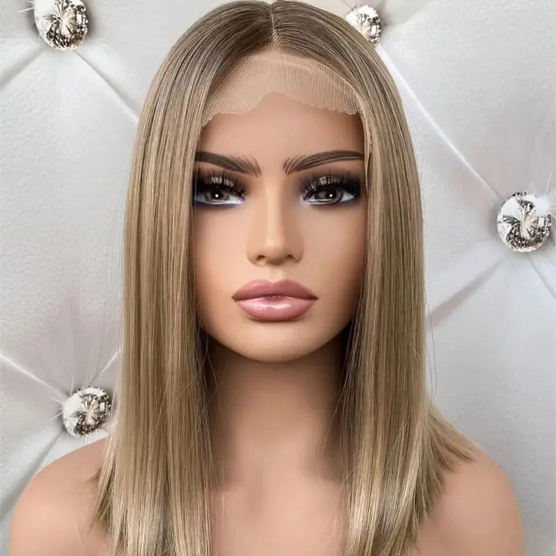 

13x4 Ombre Blonde Brown HD Invisible Lace Front Wig Short Straight Bob Heat Resistant Fiber Wig Glueless Preplucked Hairline Wig