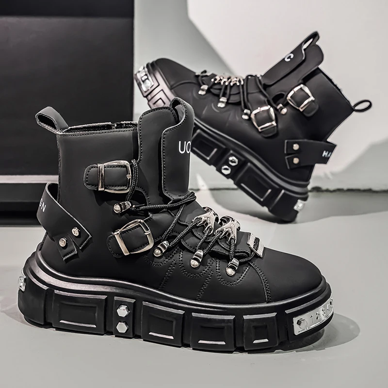 

Fashion Rivet Black High top Sneakers Men Leather Design Luxury Shoes Street Gothic Punk Boots Men Motorcycle Boots Big Size 46