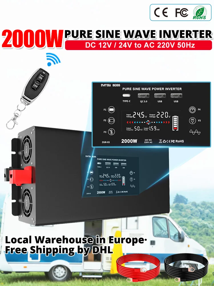 DATOUBOSS 2000W Zuivere Sinus Inverter 12V/24V naar 230V 50Hz Draagbare Auto Spanningsomvormer RV Huishoudelijke Stroomomvormer USB AC Aansluiting LCD CE Veiligheid EU Voorraad - afbeelding 2