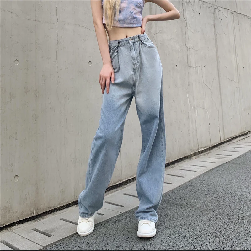 

Women Summer New Casual Loose Denim Pants 2024 Low Waist Mom Fit Straight Wide Leg Jeans Gradient Light Blue Baggy Jean Female