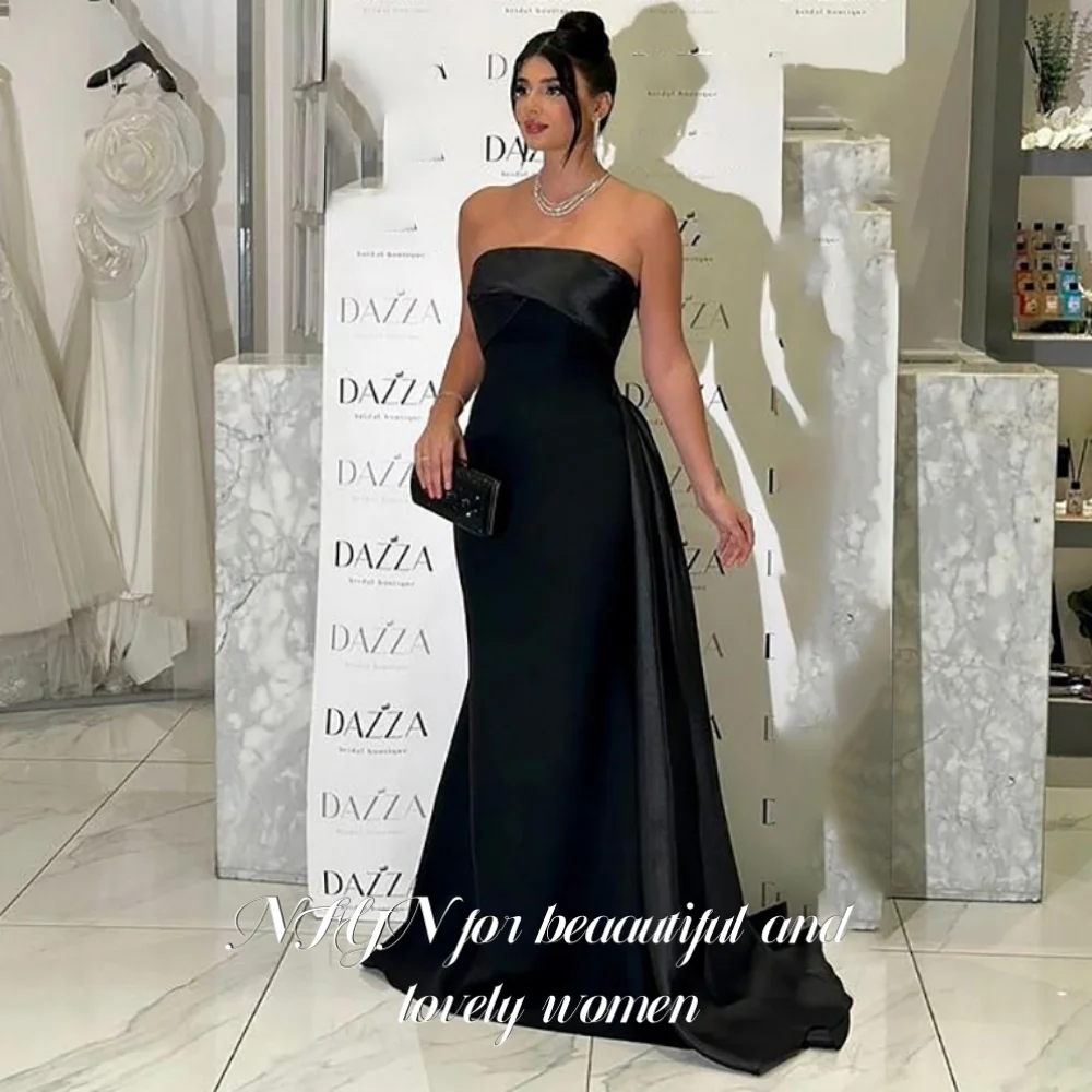 

NFYN Black Trumpet Special Occasion Dress Strapless with Pleats Formal Dresses Gown Sleeveless Satin Evening Dress Customized