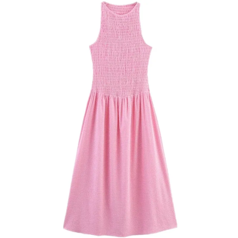 Summer 2025 New Arrival Women's Long Midi Dr round Ne Svel Plaid Design Commute High Waist A-Line Skirt Sle