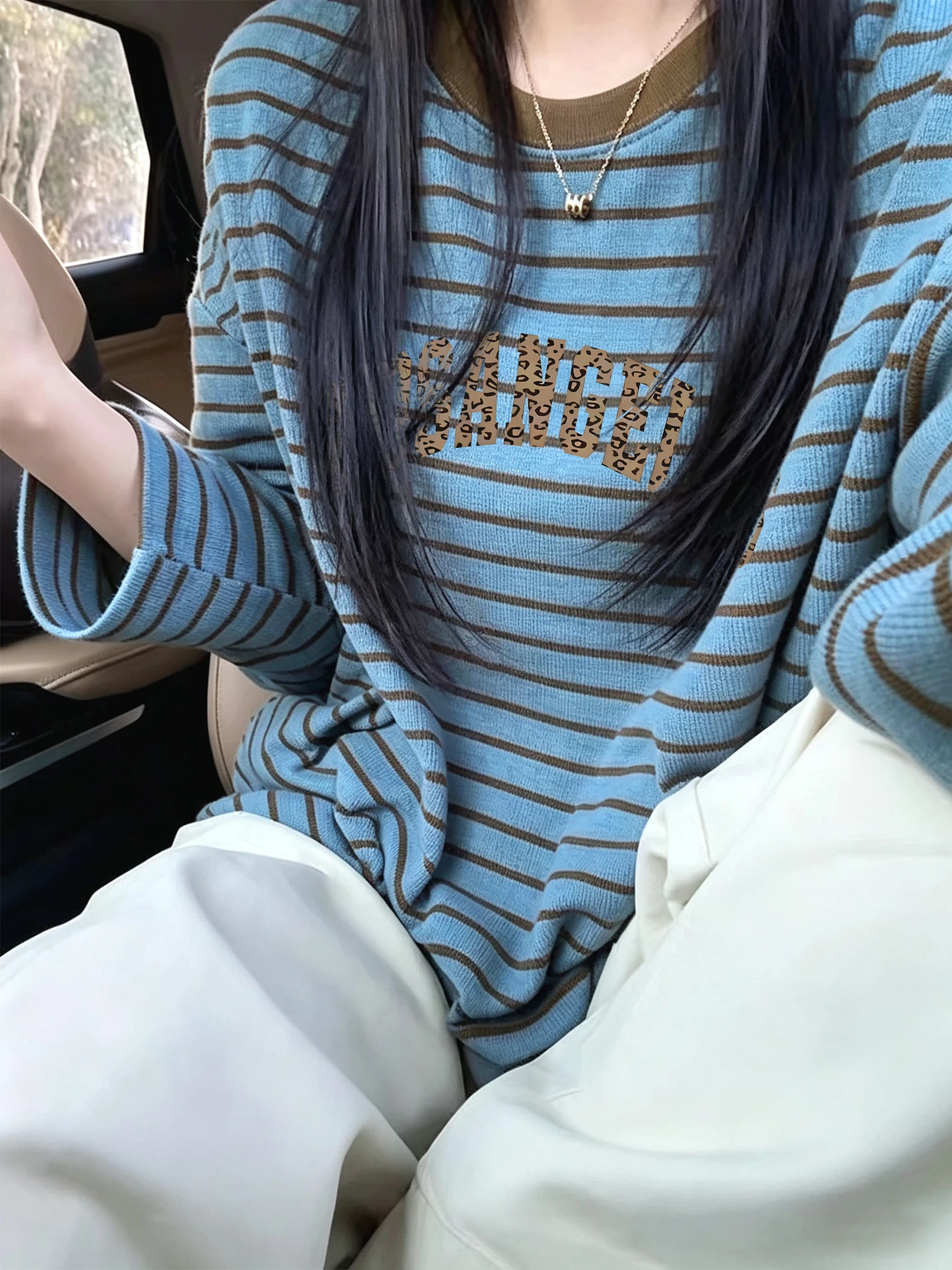 Loose Long Sleeve round Neck Striped Knitwear Top Women's Autumn Fashion Slimming Effect Comfortable Fit T-Shirt by Youli Zhihua