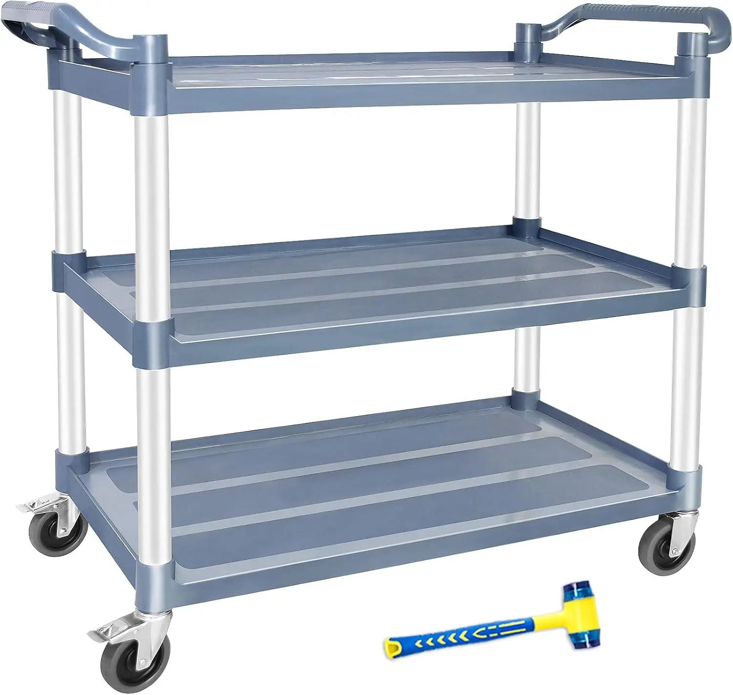 Heavy Duty Rolling Utility Service Cart With Wheels, Three Tier Commercial Food Prep Storage Organizer Trolley For Restaurant Kitchen Office And Warehouse, Modern Industrial Style, Black