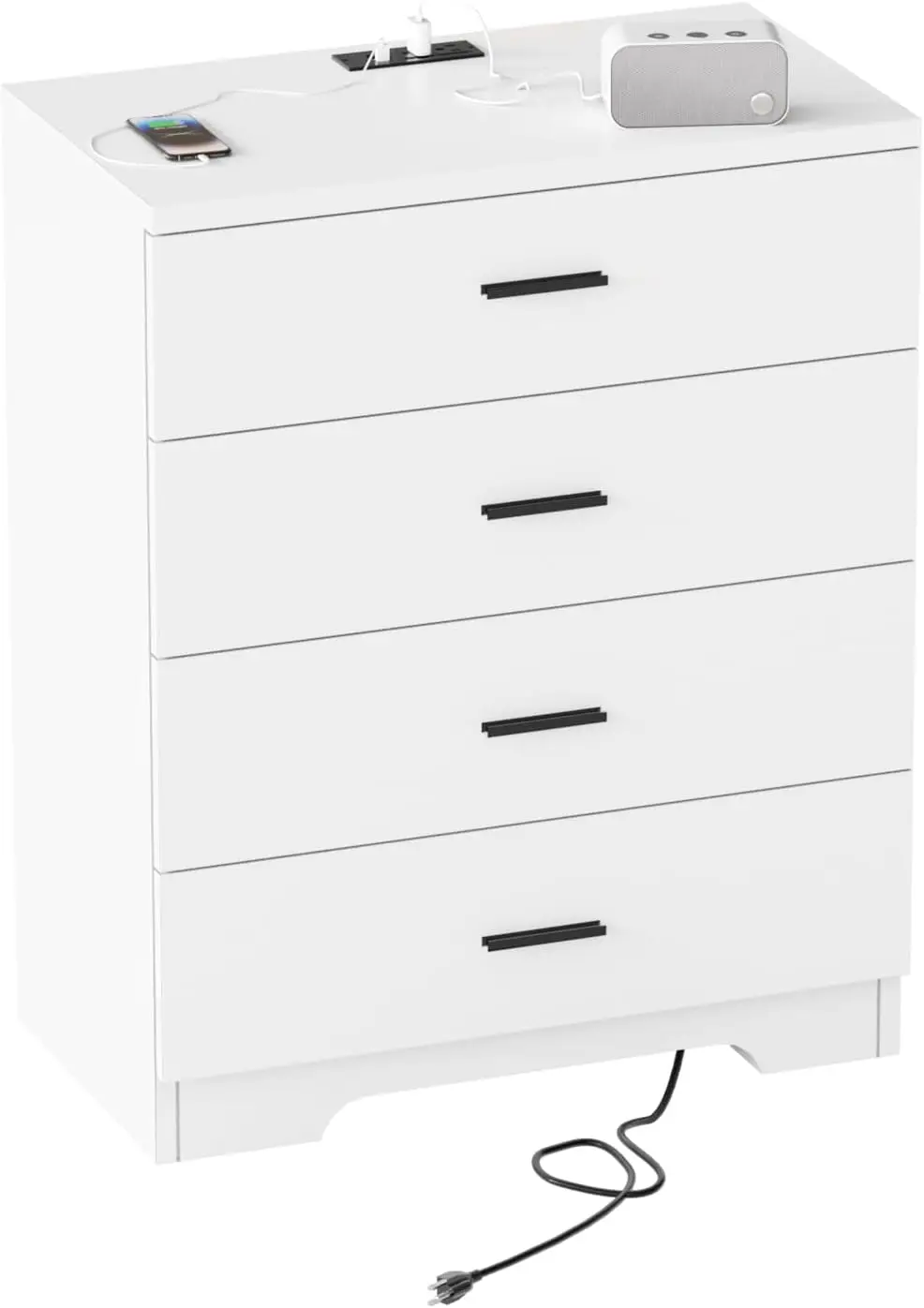 for White with Power Outlets Wood 4 Drawer Dresser with Large Organizer Tall Chest of Drawers Closet Mod